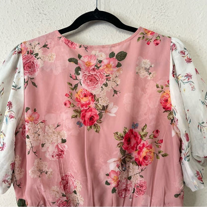 Hemant & Nandita Rose Garden Floral Boho Blouse Size Medium Peasant