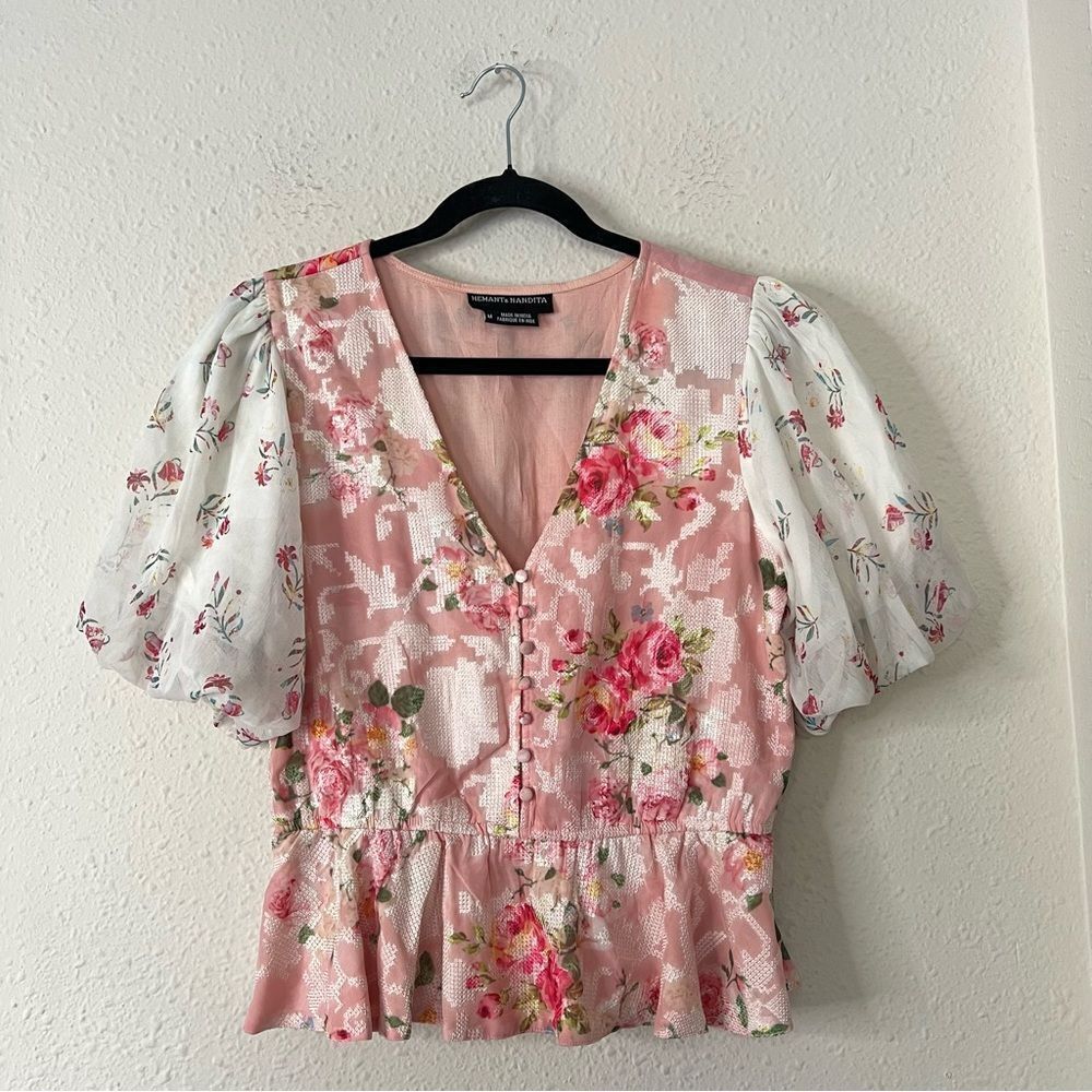 Hemant & Nandita Rose Garden Floral Boho Blouse Size Medium Peasant