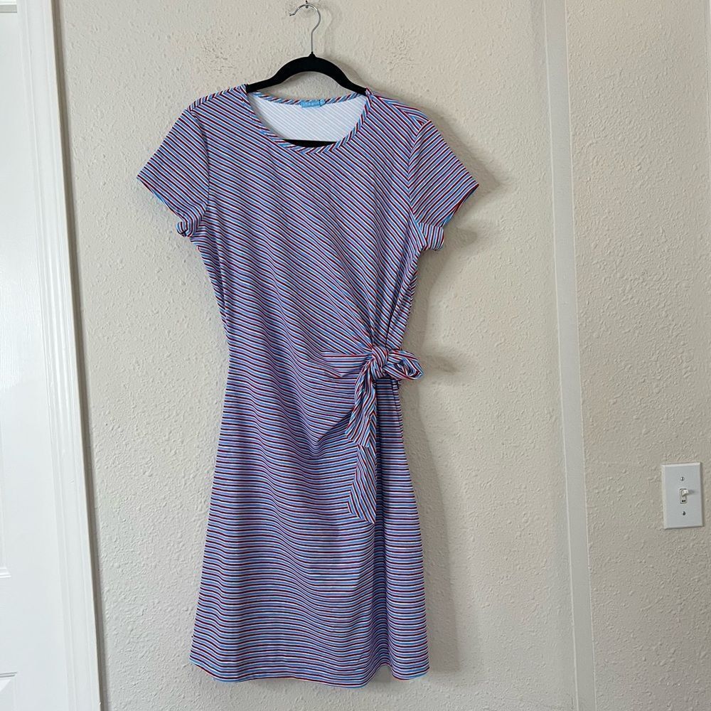 J. McLaughlin Elora Side Tie Dress Catalina Cloth Red Blue Stripe Size XL