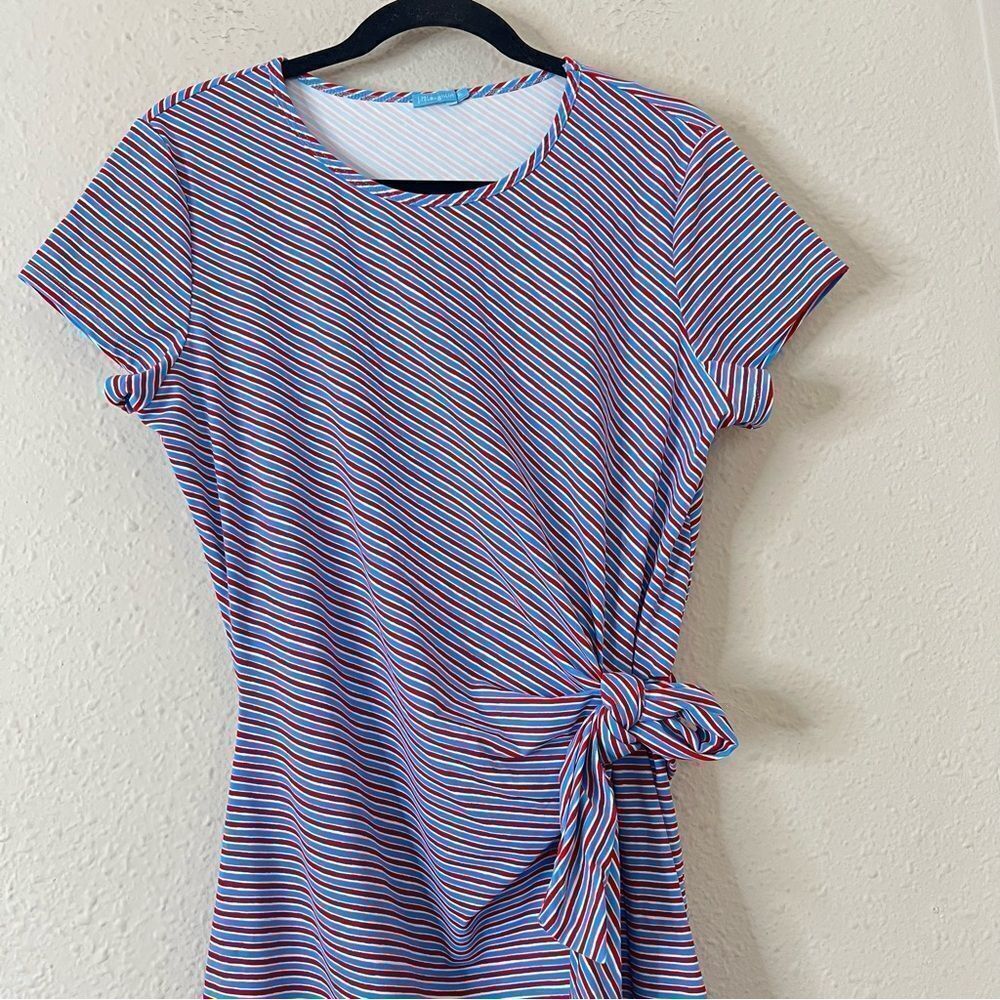 J. McLaughlin Elora Side Tie Dress Catalina Cloth Red Blue Stripe Size XL