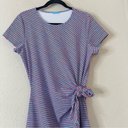 J. McLaughlin Elora Side Tie Dress Catalina Cloth Red Blue Stripe Size XL