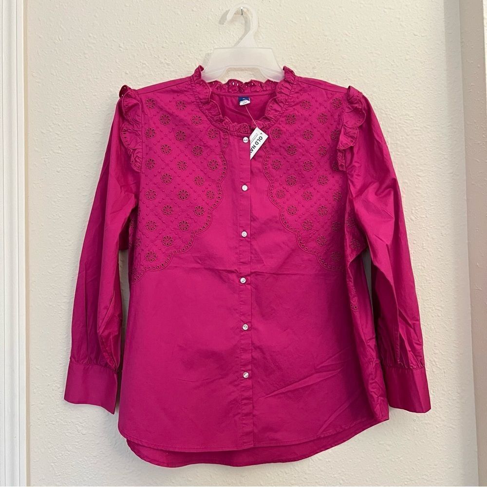 Old Navy Collarless Ruffle-Trimmed Embroidered Button-Down Shirt Blouse Size XL