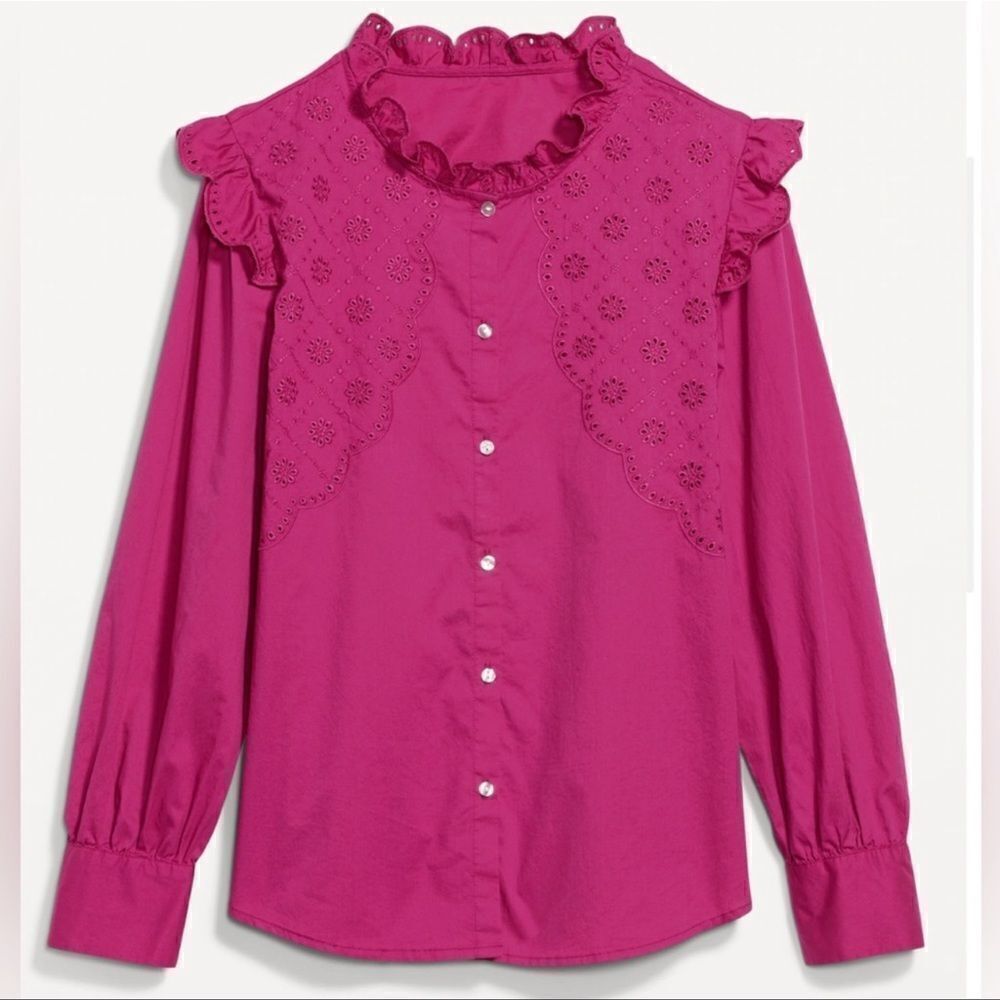 Old Navy Collarless Ruffle-Trimmed Embroidered Button-Down Shirt Blouse Size XL