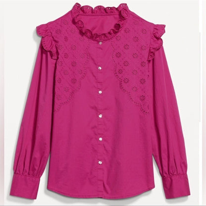 Old Navy Collarless Ruffle-Trimmed Embroidered Button-Down Shirt Blouse Size XL
