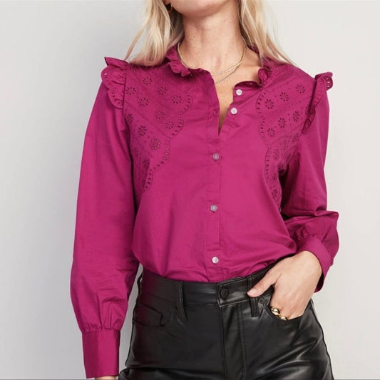 Old Navy Collarless Ruffle-Trimmed Embroidered Button-Down Shirt Blouse Size XL