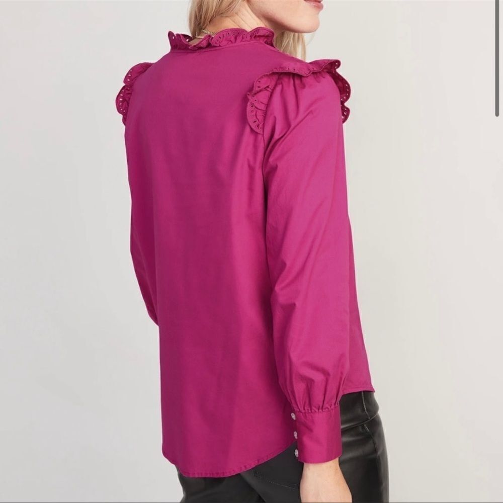 Old Navy Collarless Ruffle-Trimmed Embroidered Button-Down Shirt Blouse Size XL