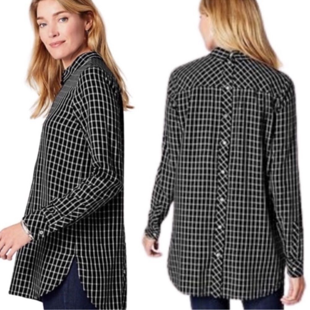 J. Jill Plaid Long Sleeve Tunic Blouse Longline Windowpane Button Back Small