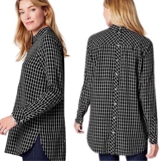 J. Jill Plaid Long Sleeve Tunic Blouse Longline Windowpane Button Back Small