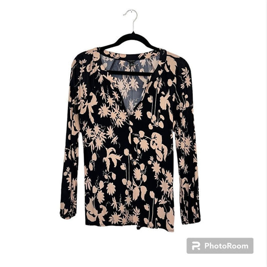 Ann Taylor Black Tan Floral Print Stretchy  Long Sleeve Blouse Top Size SP