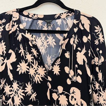 Ann Taylor Black Tan Floral Print Stretchy  Long Sleeve Blouse Top Size SP