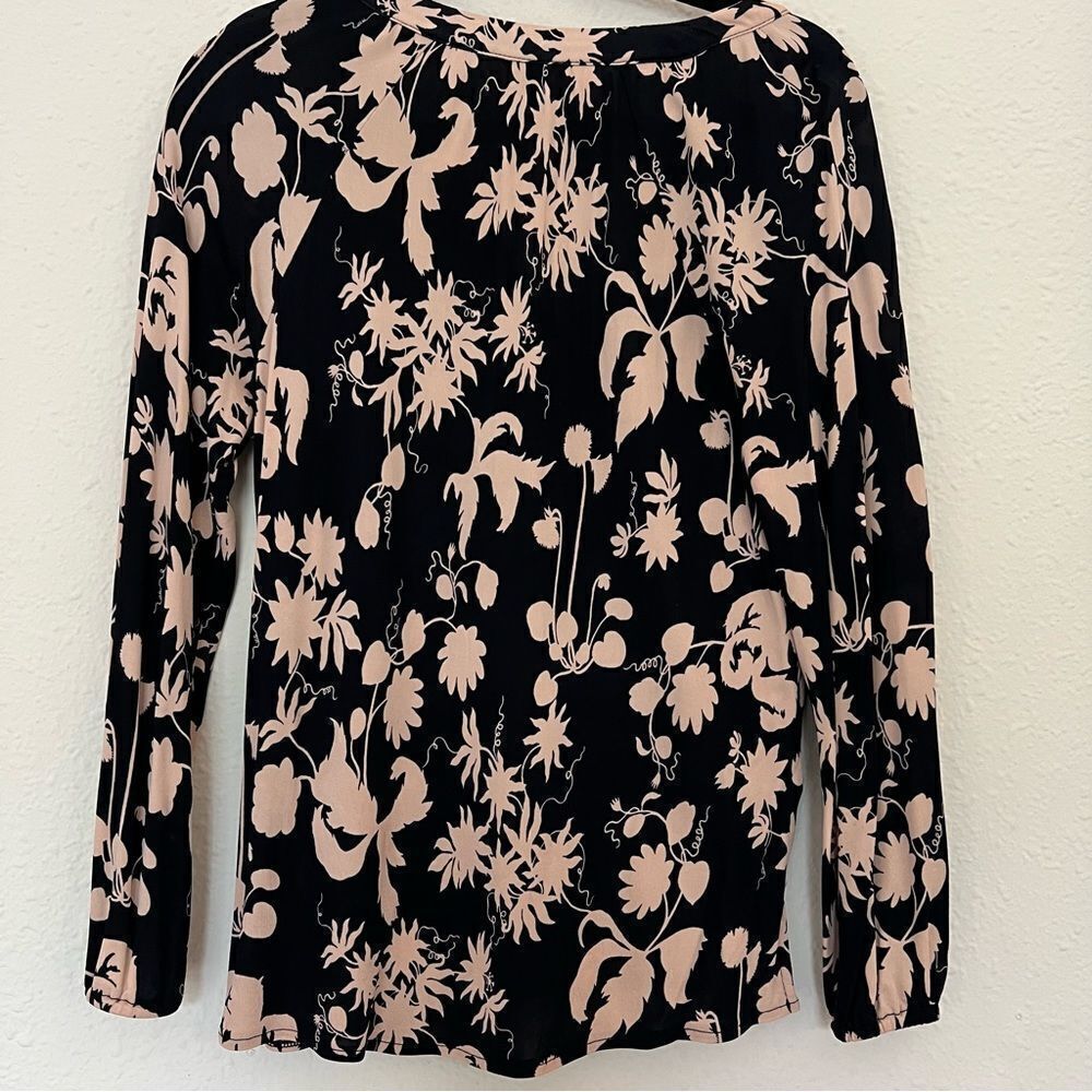 Ann Taylor Black Tan Floral Print Stretchy  Long Sleeve Blouse Top Size SP