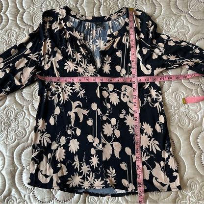 Ann Taylor Black Tan Floral Print Stretchy  Long Sleeve Blouse Top Size SP