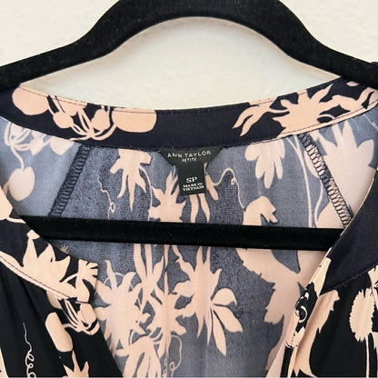 Ann Taylor Black Tan Floral Print Stretchy  Long Sleeve Blouse Top Size SP