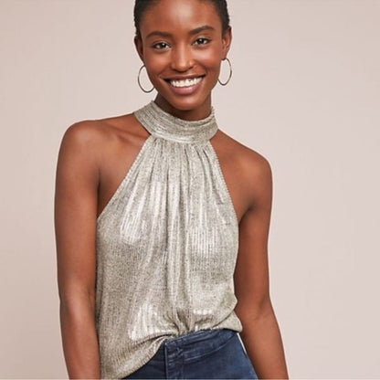 Anthropologie Vickie Pink Metallic Halter Top NEW Size XL