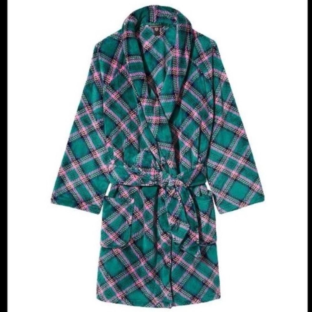 Victoria’s Secret Plaid Plush Velour Plaid Robe NEW Size M/L