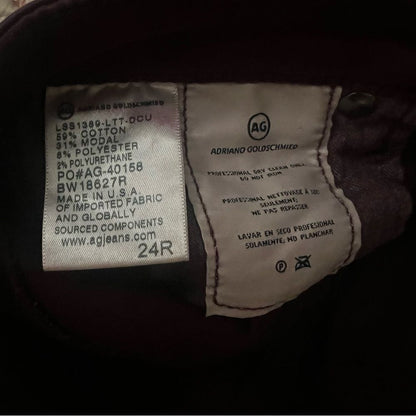 Adriano Goldschmied Burgundy Coated The Legging Ankle Skinny Pants Size 24R