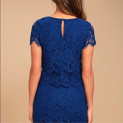 Lulus Heartbeats Blue Eyelash Trim Tiered Lace Blouse Crop Top ONLY Size XL