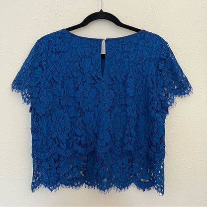Lulus Heartbeats Blue Eyelash Trim Tiered Lace Blouse Crop Top ONLY Size XL