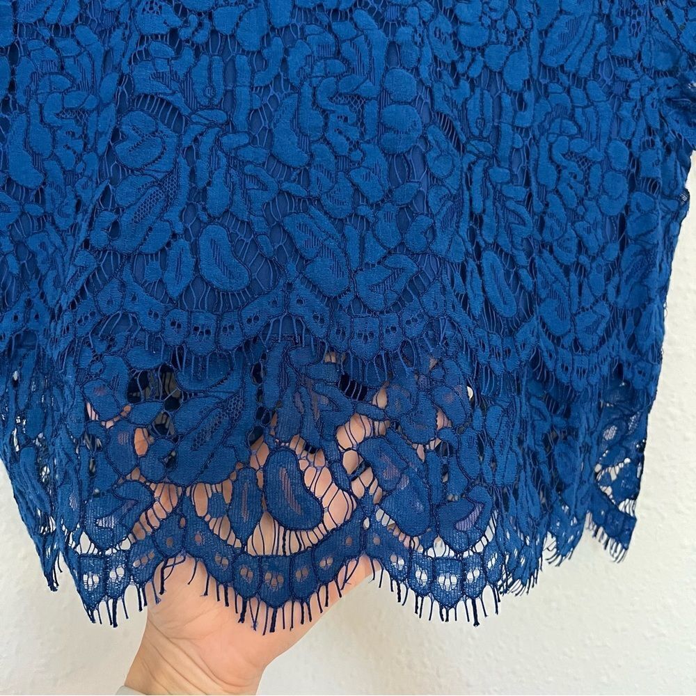 Lulus Heartbeats Blue Eyelash Trim Tiered Lace Blouse Crop Top ONLY Size XL