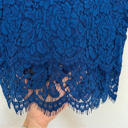 Lulus Heartbeats Blue Eyelash Trim Tiered Lace Blouse Crop Top ONLY Size XL