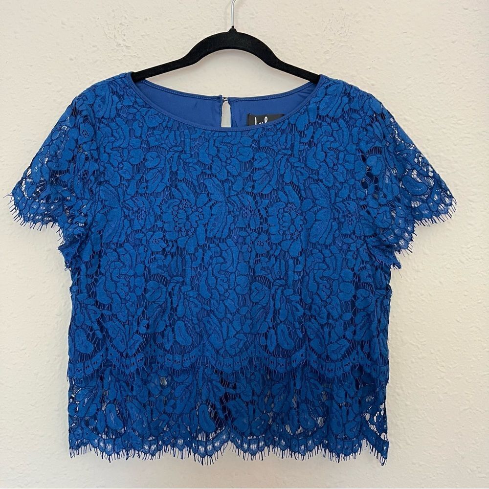 Lulus Heartbeats Blue Eyelash Trim Tiered Lace Blouse Crop Top ONLY Size XL