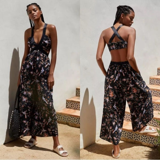 Anthropologie The Brinley V-Neck Floral Black Jumpsuit NEW Size Small