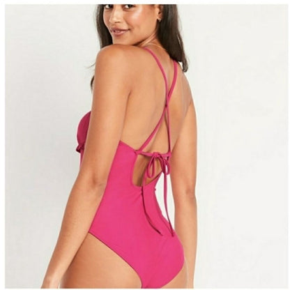 Old Navy V Neck Ruffle Trim Cutout One Piece Swimsuit in Pink NEW Size XXL