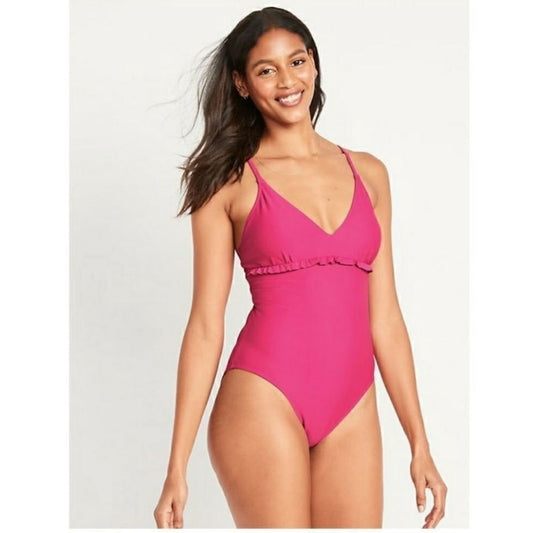 Old Navy V Neck Ruffle Trim Cutout One Piece Swimsuit in Pink NEW Size XXL