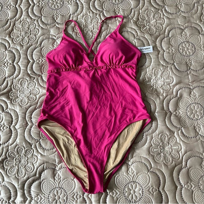 Old Navy V Neck Ruffle Trim Cutout One Piece Swimsuit in Pink NEW Size XXL