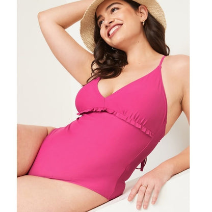 Old Navy V Neck Ruffle Trim Cutout One Piece Swimsuit in Pink NEW Size XXL