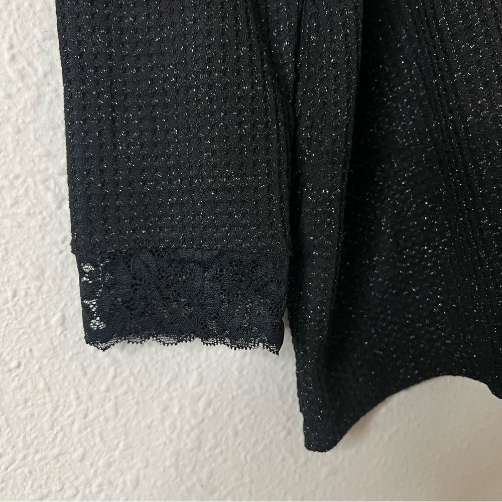 LOGO Lori Goldstein Black Metallic Waffle Knit Lace Top Pockets Stretchy Size 2X