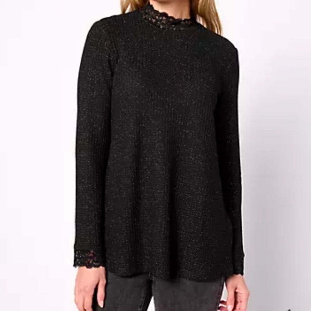 LOGO Lori Goldstein Black Metallic Waffle Knit Lace Top Pockets Stretchy Size 2X