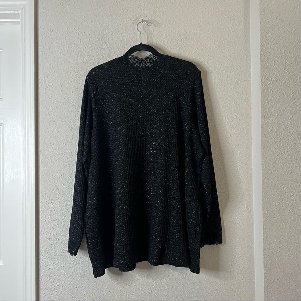 LOGO Lori Goldstein Black Metallic Waffle Knit Lace Top Pockets Stretchy Size 2X