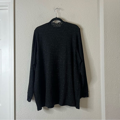 LOGO Lori Goldstein Black Metallic Waffle Knit Lace Top Pockets Stretchy Size 2X