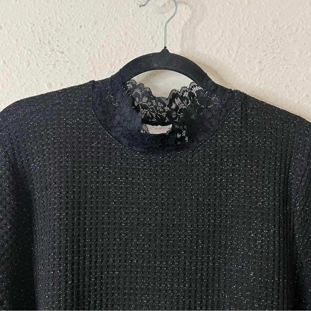 LOGO Lori Goldstein Black Metallic Waffle Knit Lace Top Pockets Stretchy Size 2X