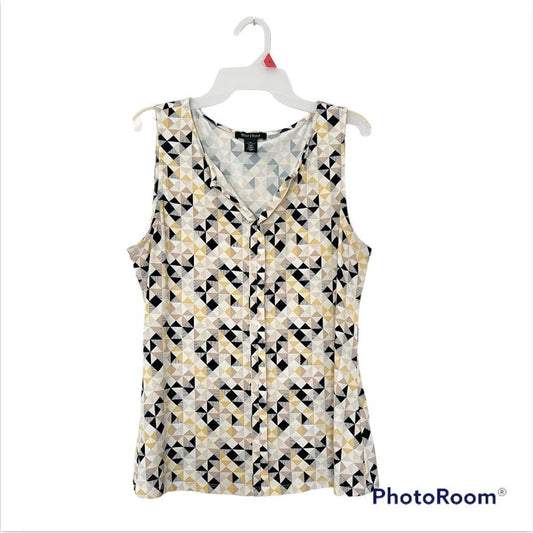 White House Black Market Geometric Print Split V-Neck Sleeveless Blouse