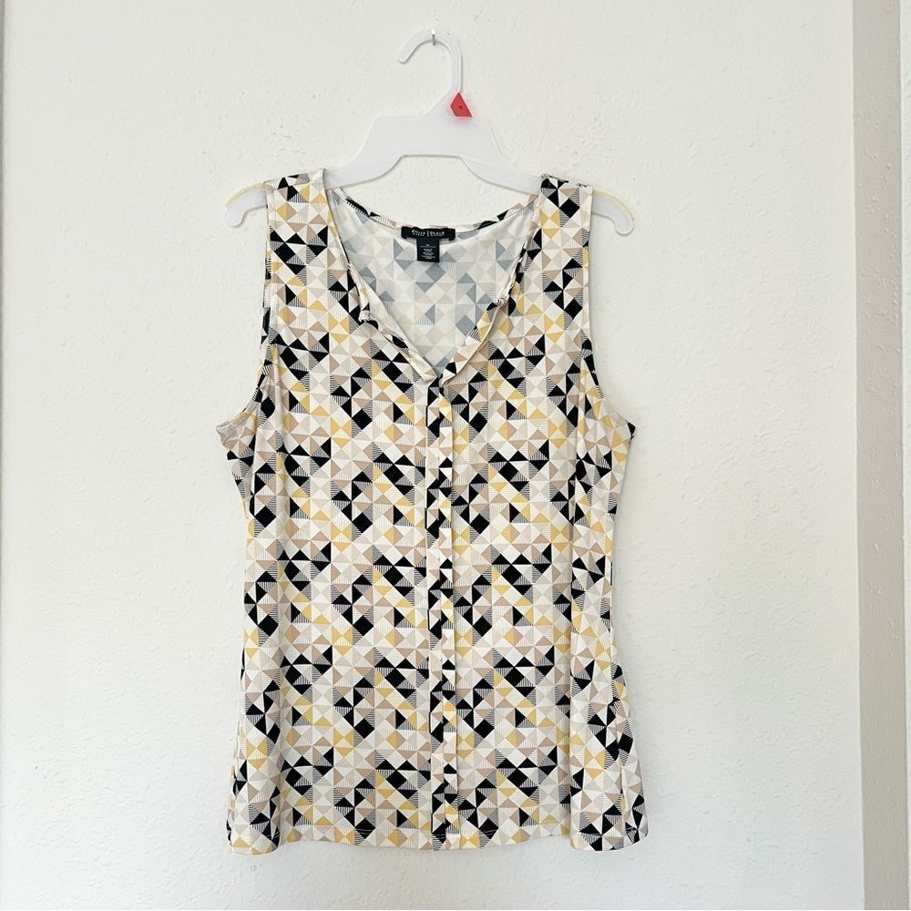 White House Black Market Geometric Print Split V-Neck Sleeveless Blouse