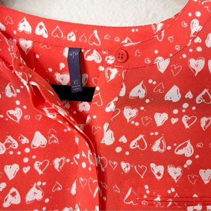 NYDJ Heart Prrinted Half Placket 3/4 Sleeve Blouse Size XS