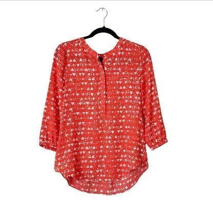 NYDJ Heart Prrinted Half Placket 3/4 Sleeve Blouse Size XS