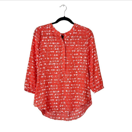 NYDJ Heart Prrinted Half Placket 3/4 Sleeve Blouse Size XS