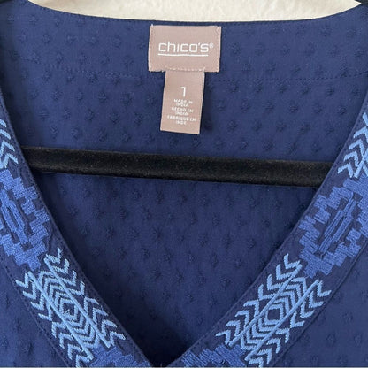 Chico's Trimmed Bell-Sleeve Popover Navy Blue Blouse Top Size 1, US Size Medium