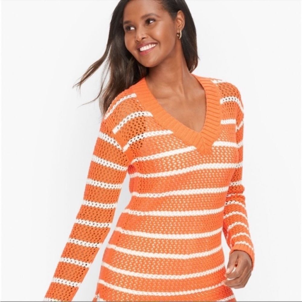 Talbots Open Weave Long Sleeve Sweater Cotton NEW Size Large Striped Resortwear
