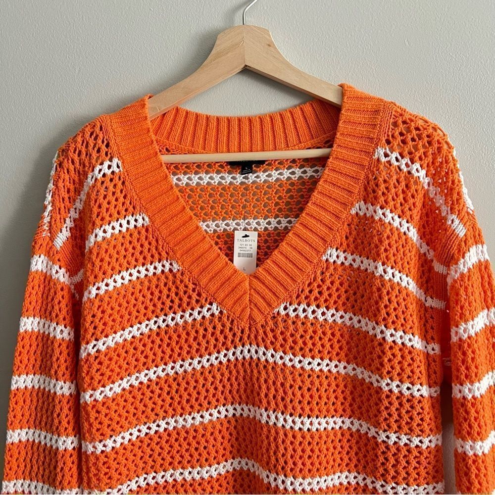Talbots Open Weave Long Sleeve Sweater Cotton NEW Size Large Striped Resortwear