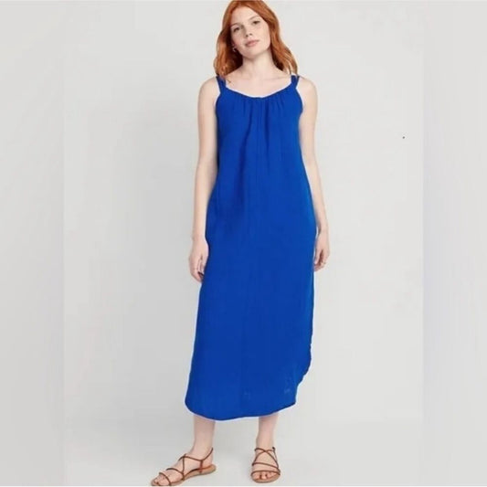 Old Navy Sleeveless Shirred Maxi Dress  Women Tanzanite Blue Cotton NEW Size XS