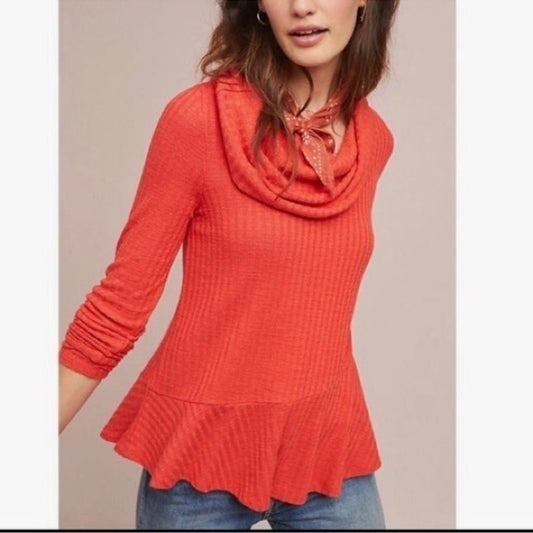Anthropologie Maeve Coral Waffle Knit Peplum Winterscape Cowl Neck Size Large