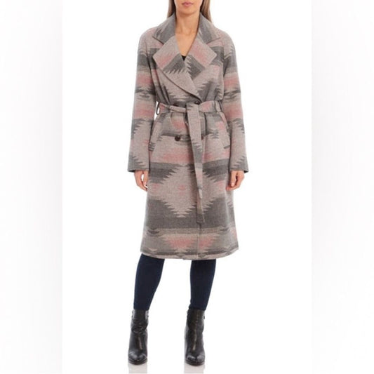Avec Les Filles Wool Blend Belted Blanket Walking Coat Grey Aztec NEW Size 2XL