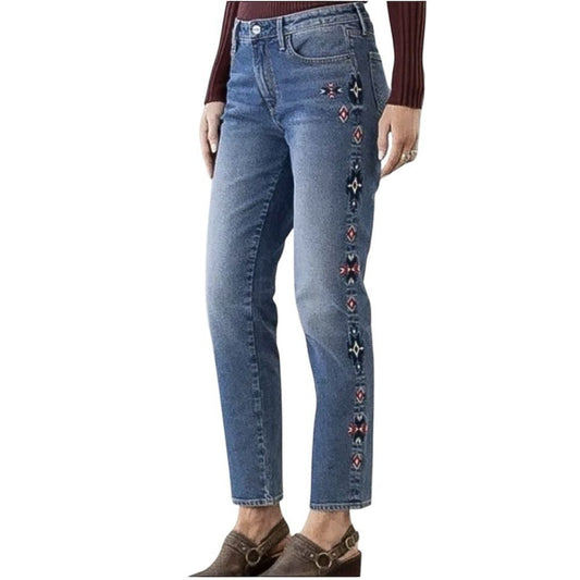 Driftwood Gizelle Aztec Embroidered Girlfriend Slim Jeans Size 28 Medium Wash