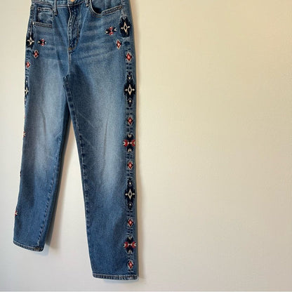 Driftwood Gizelle Aztec Embroidered Girlfriend Slim Jeans Size 28 Medium Wash