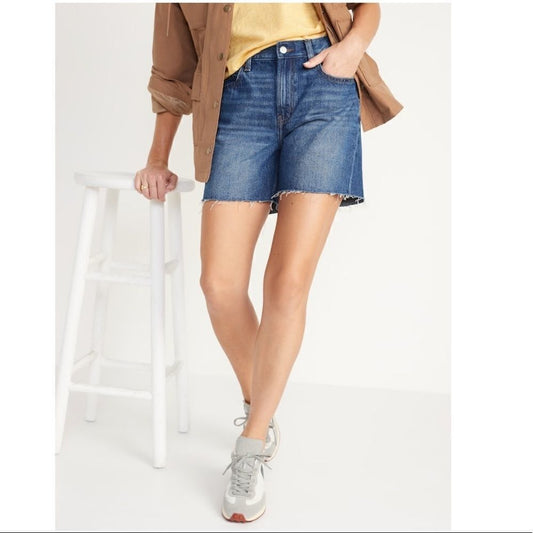 Old Navy High Waisted Slouchy Straight Cut-Off Dark Wash Jean Shorts Size 10