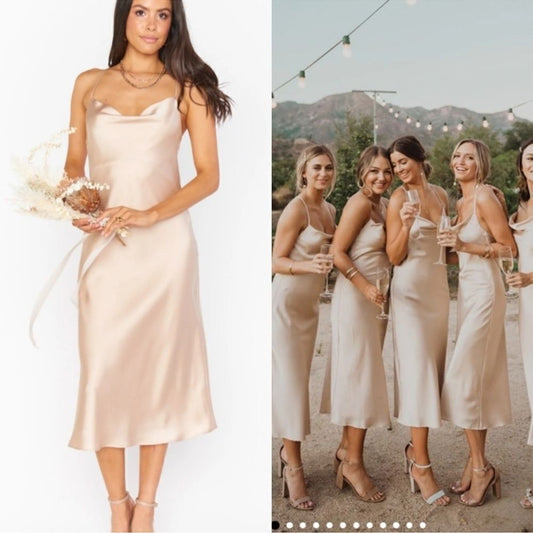 Show Me Your Mumu Verona Cowl Satin Midi Dress in Champagne Size Large